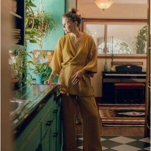 Women's Oddbird Kardes Mustard Yellow Muslin Wrap Top Kimono Cardigan Large